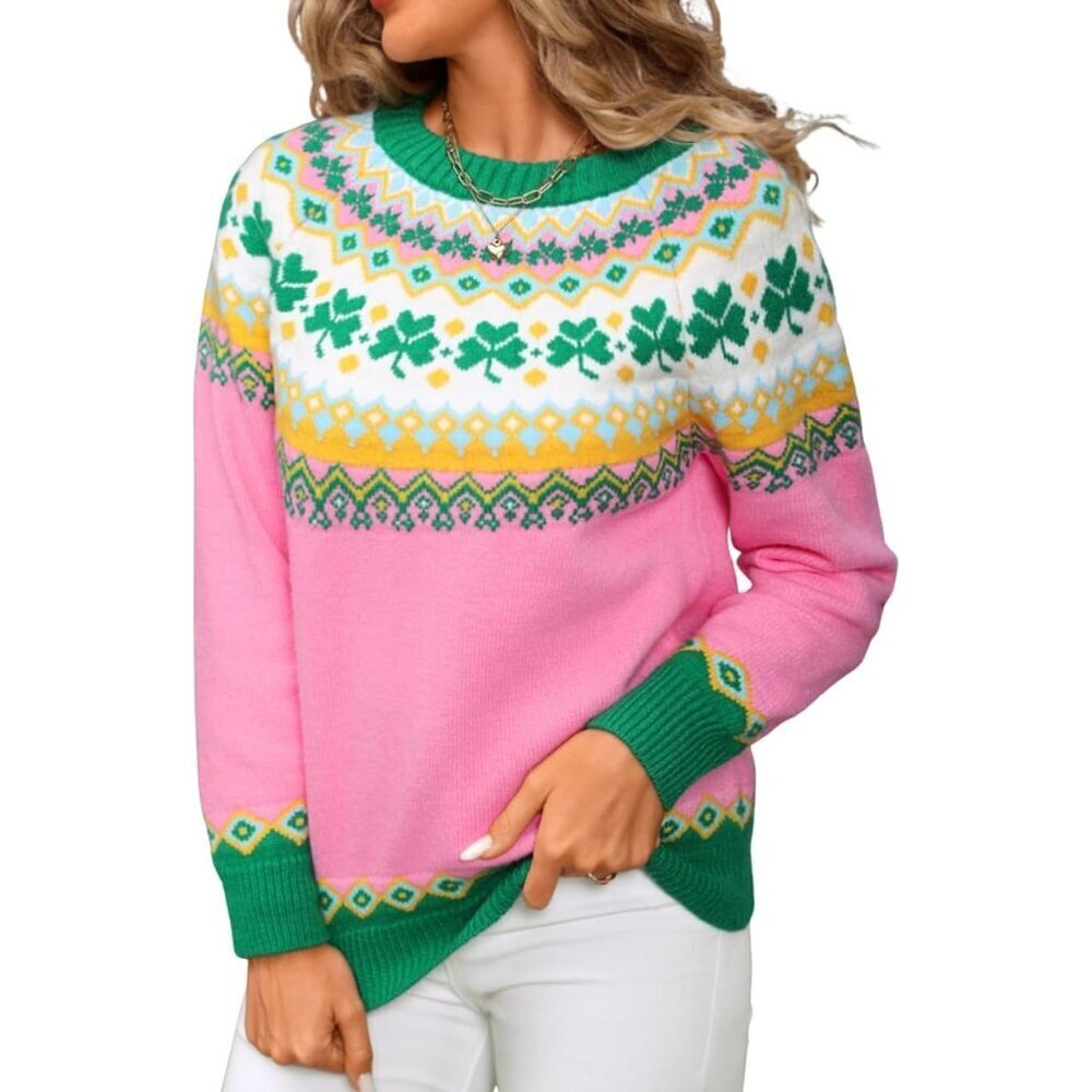 🆕 Women's Fair Isle Christmas Sweater Lucky Clover Pattern Chunky Knit Holiday
